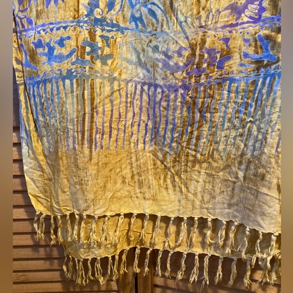 Colorful Gold and Rustic Fringe Shawl/Wrap with Purple and Blue Graphic Designs - Picture 7 of 9